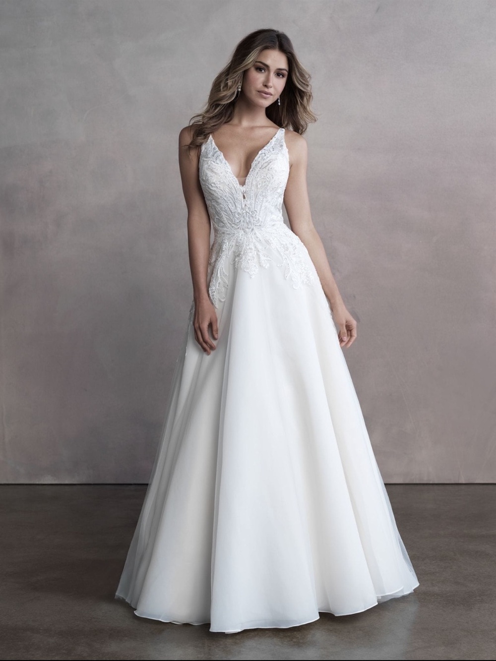 Allure White Lace Appliqué A-Line Wedding Gown with Chapel Train